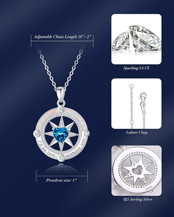 FANCIME Compass Necklace for Women Sterling Silver Compass Jewelry Opal Pendant Fine Jewelry Gemstone Birthday Mother's Day Gifts for Wife