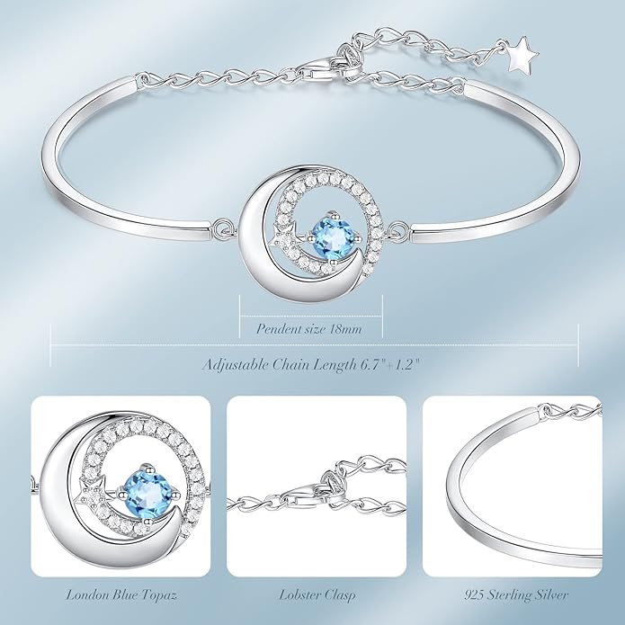 FANCIME Birthstone Bracelets 925 Sterling Silver Moon and Star Bangle Charm Bracelet Fine Jewelry Birthday Anniversary Christmas Day Gift for Her Women, Adjustable Chain 6.7"+1.2" Extend