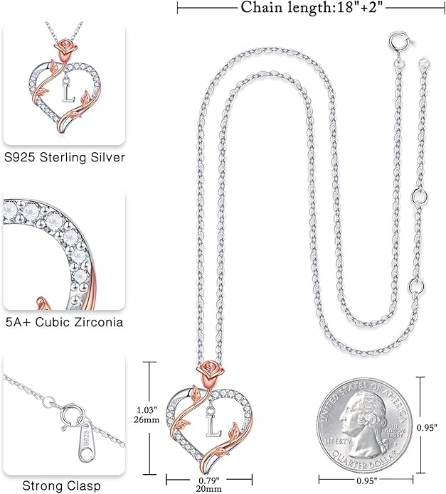 Iefil Rose Heart Necklaces Gifts for Women - 925 Sterling Silver Heart Initial Necklace, Anniversary Birthday Gifts for Women, Jewelry Gift for Wife Wife Girlfriend Mom
