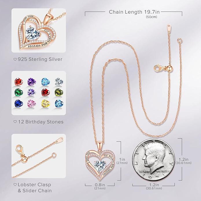 Vakki Birthstone Jewelry for Women Pendant Necklace 925 Sterling Silver Heart Necklace Birthday Gifts for Wife Daughter Girlfriend