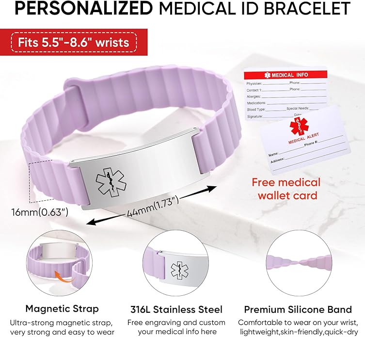 Comfortable Medical ID Bracelet for Men & Women - Custom Engraved Silicone Strap Comfort Fit Medical Alert Bracelets for Sports,Adjustable Waterproof Customizable Wristband for Diabetic