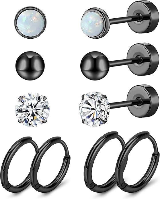 MJust Titanium Earrings for Sensitive Ears 20G Hypoallergenic Stud Hoop Earrings for Women Men Opal Ball CZ Heart Pearl Flat Back Earrings Cartilage Earrings Set