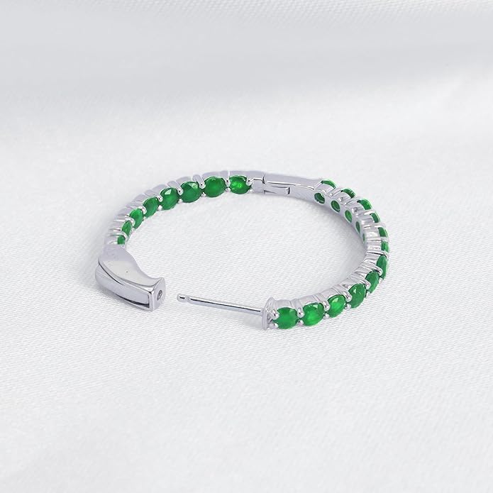 Hoop Earrings with 40 Colored Gemstones, Birthstone Earrings, 925 Sterling Silver Rhodium Plated, Push Back Closure, 1.18'