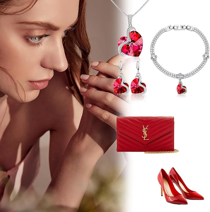 Blissful Heart Crystal Jewelry Sets For Women 18K White Gold Plated Bracelet Necklace and Earrings Sets for Wife Girlfriend or Mothers Idea Gift for Special Women in Life