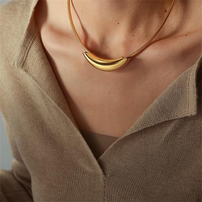 Stailess Steel Metal Curved Bar Tube Choker Necklace For Women,Statement Chunky Snake Chain Horizontal Round Tube Jewelry Necklace