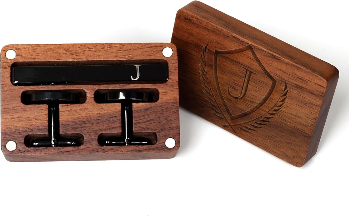 Mens Initial Cufflinks and Tie Clip A-Z Alphabet Letter Black Stainless Cuff Links Tie Bar with Engraved Walnut Wood Box Groom Groomsman Wedding Set