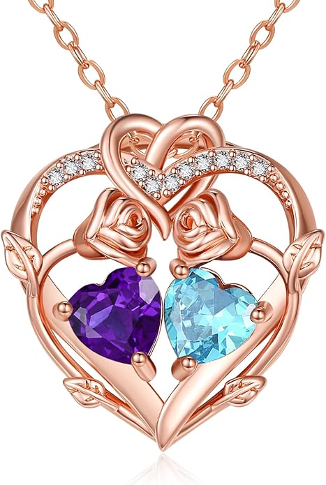 Rose Gold Necklaces for Women Double Birthstone Rose Flower Heart Pendant Necklace Jewelry Anniversary Christmas Valentine's Mother's Day Birthday Gift for Wife Mom Her Girlfriend Sister