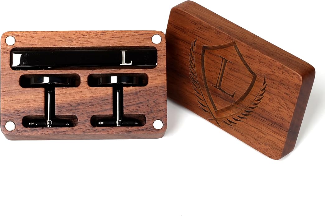 Mens Initial Cufflinks and Tie Clip A-Z Alphabet Letter Black Stainless Cuff Links Tie Bar with Engraved Walnut Wood Box Groom Groomsman Wedding Set