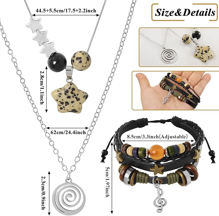 Multilayer Y2k Star Necklace Fairy Grunge Bracelets Set Handmade Fairycore Grunge Jewelry Gothic Swirl Star Necklace Punk Rock Roll Music Guitar Grunge Accessories for Women Men