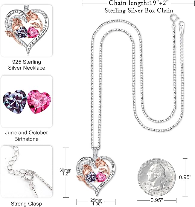 Iefil Birthstone Necklace for Women - 925 Sterling Silver Rose Heart Birthstone Necklace Birthday Anniversary Jewelry Gifts for Her Wife Mom Daughter