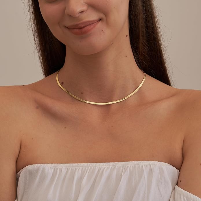 CHESKY Gold Necklace for Women-14K Gold Plated/Sterling Silver Plated Snake Chain Necklace Dainty Simple Chunky Herringbone Necklace Choker Necklaces Jewelry for Women