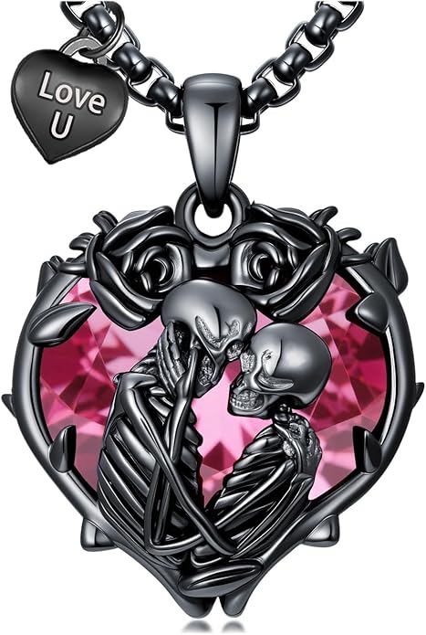 Flpruy 925 Sterling Silver Black Gothic Jewelry Gifts Skeleton Couple Pendant Crystal Birthstone Heart Necklace Punk Romantic Jewelry for Lover Men Women