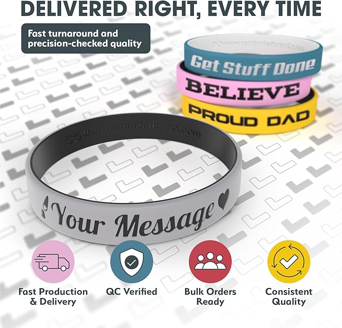 Reminderband Custom 100% Silicone Luxe Wristbands – Personalized Motivational Bracelets, Bulk Rubber Bands for Events, Fundraisers, Awareness, Gifts - Hypoallergenic Bands