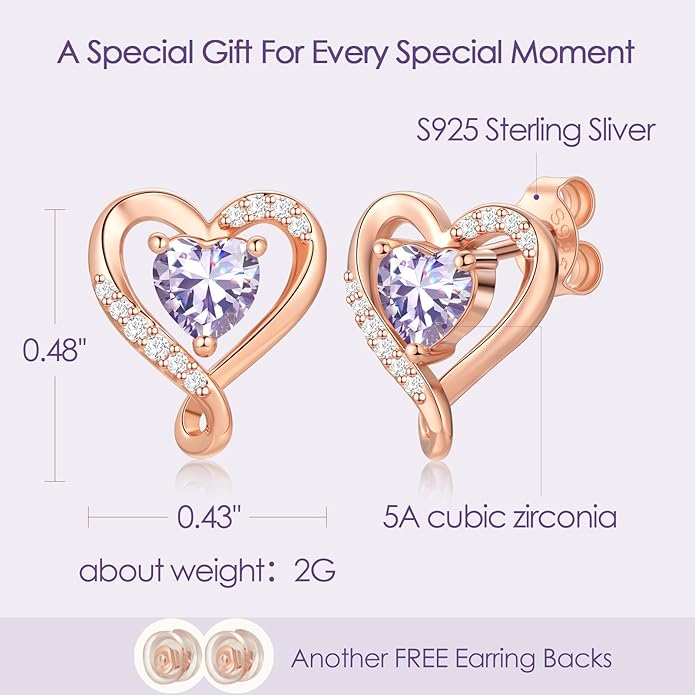 Earrings for Women, S925 Sterling Silver Rose Gold Birthstone Heart Studs Earring for Girlfriend Wife, Anniversary Birthday Christmas Valentines Mothers Day Gifts Jewelry for Women Wife Her Mom