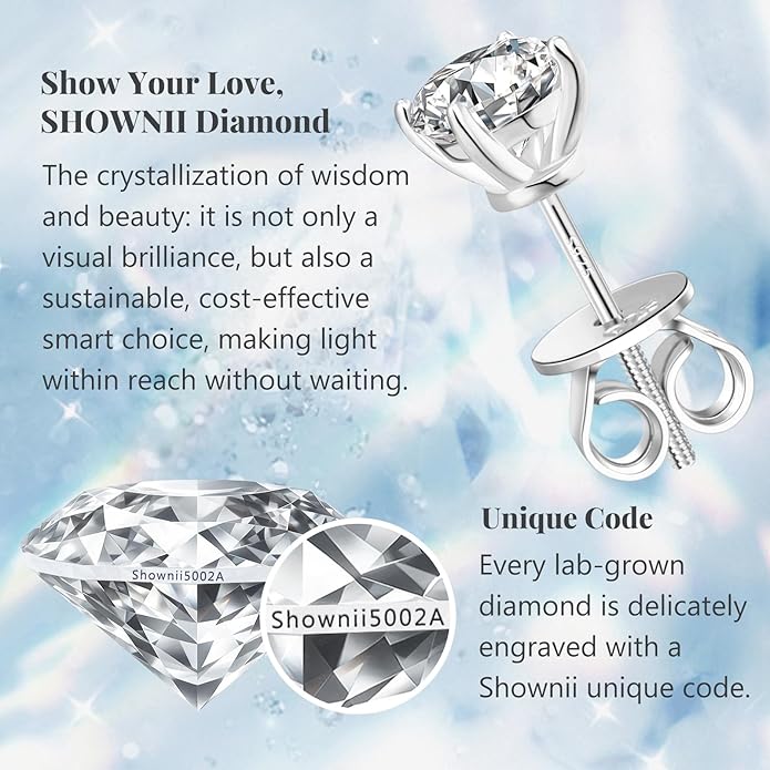 SHOWNII Diamond 4-Prong Lab-Grown Diamond Stud Earrings for Women 0.5CT 1CT 14K Gold Plated S925 Sterling Silver Screw Back Earrings(I-J Color, S1-VS2 Clarity)