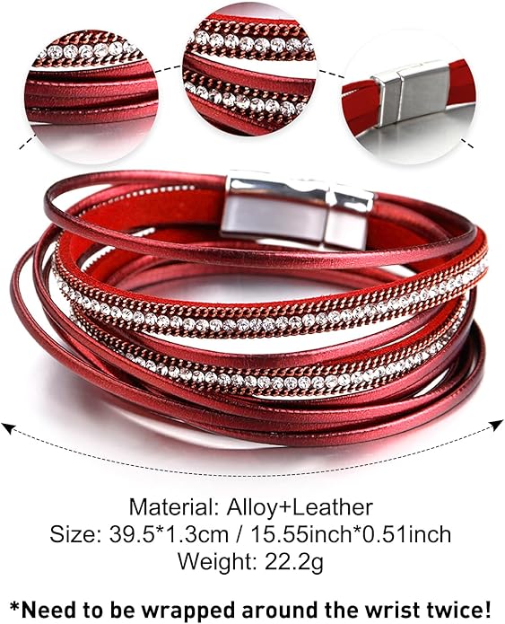 Fesciory Leather Wrap Bracelets for Women, Boho Leopard Multi-Layer Crystal Beads Cuff Bracelet Jewelry