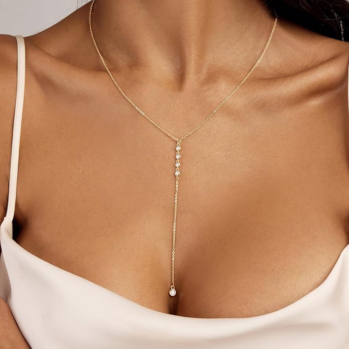 Lariat Silver/Gold Necklace for Women 925 Silver/14K Gold Plated Dainty Long Necklace Y-Shaped Drop Pendant Necklaces Choker Trendy Chain Simple Layered Necklaces CZ Jewelry for Women Set Gift