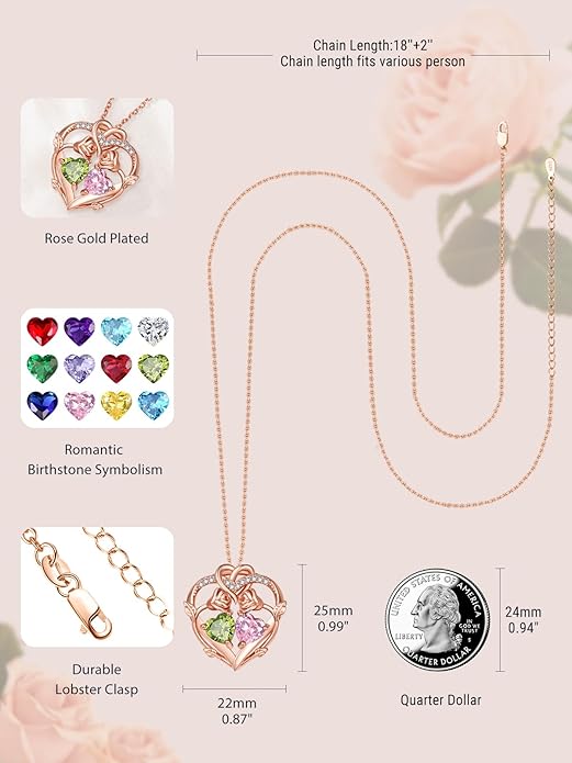 Rose Gold Necklaces for Women Double Birthstone Rose Flower Heart Pendant Necklace Jewelry Anniversary Christmas Valentine's Mother's Day Birthday Gift for Wife Mom Her Girlfriend Sister