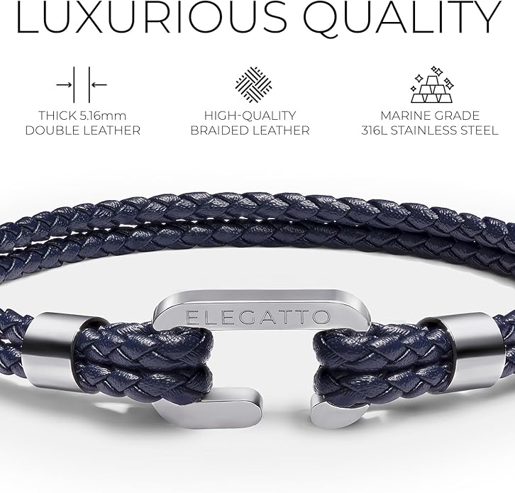 Elegatto Helix Premium Vintage Leather Bracelet for Men | Double Black Leather Strands with Sterling Silver Polished Mini Shackle Closure | Men’s Designer Jewelry
