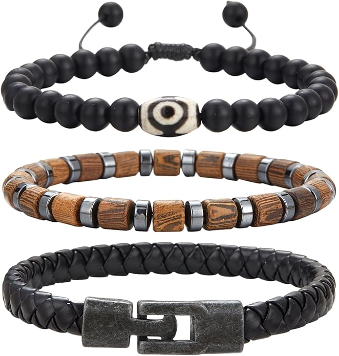3pc Mens Beaded Bracelets Silver Stainless Steel Chain Bracelet for Men Handmade Braided Bracelet Sets Jewelry Gifts for Men