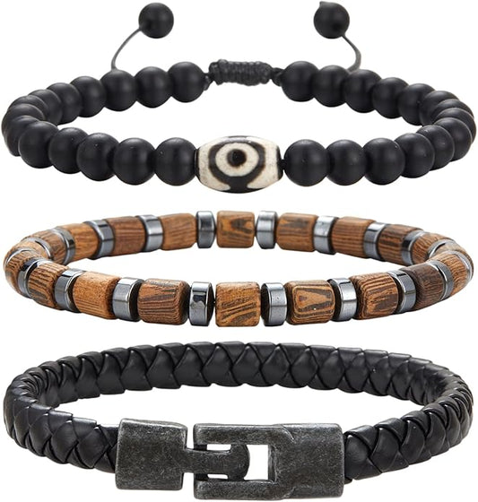 3pc Mens Beaded Bracelets Silver Stainless Steel Chain Bracelet for Men Handmade Braided Bracelet Sets Jewelry Gifts for Men