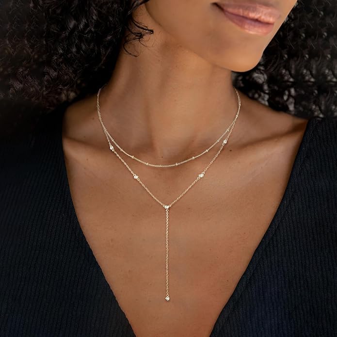 Gold Necklace for Women, Dainty Gold Long Necklaces 14k Gold Plated Prom Bar CZ Lariat Necklace Simple Choker Necklaces for Women Trendy Boho Fashion Costume Jewelry Womens