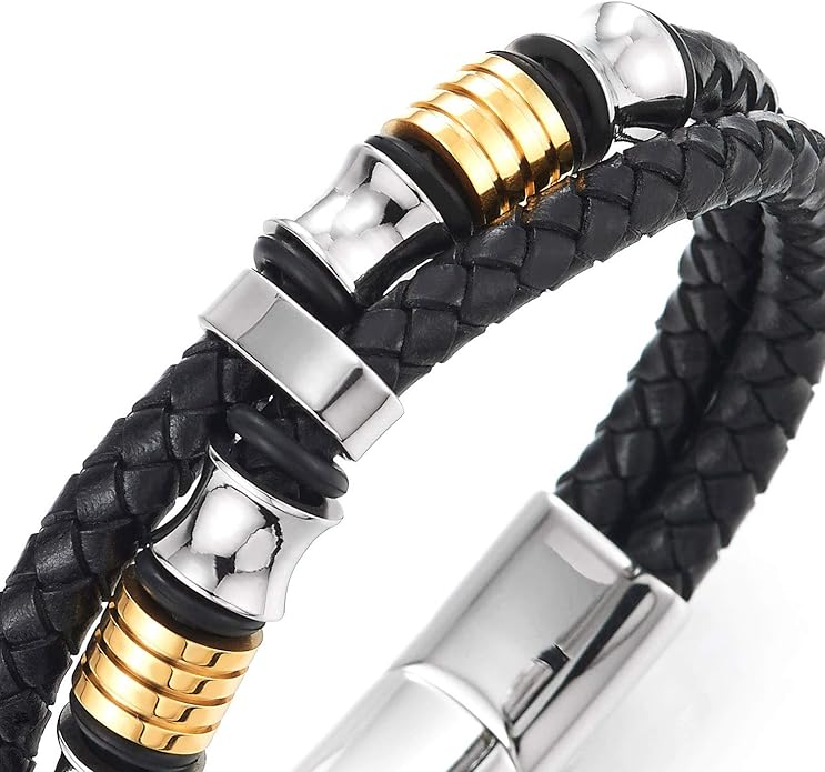 COOLSTEELANDBEYOND Mens Double-Row Braided Leather Bracelet Bangle Wristband with Stainless Steel Ornaments