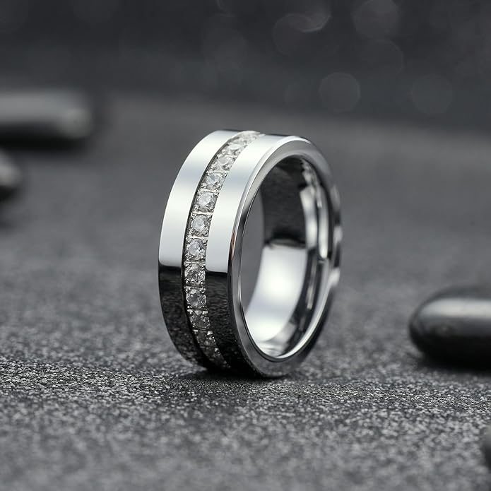King Will Mens Tungsten Wedding Band with Cubic Zircon Inlay 7mm/8mm Flat Cut Comfort Fit Engagement Rings