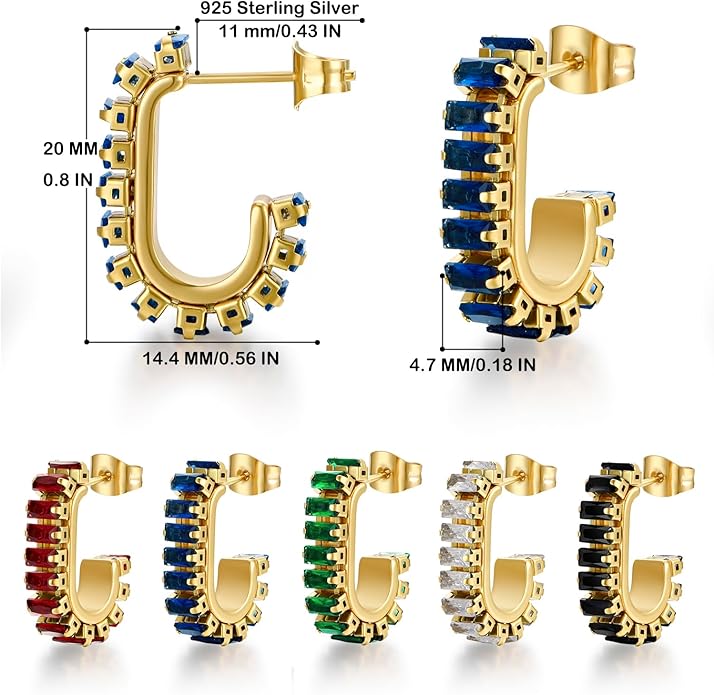 Green Crystal huggie gold hoop earrings for women Girls,14K Gold Plated with 925 Sterling Silver Post color Cubic Zirconia dainty cute Earrings| CZ Stud Earring