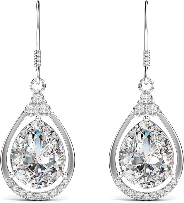 18K White Gold Plated Sterling Silver Teardrop Cubic Zirconia Drop Dangle Earrings for Women Pear Cut CZ Diamond Dangle Earrings Hypoallergenic Jewelry