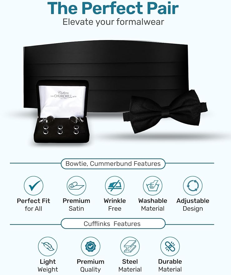 S.H. Churchill & Co. Men's Self Tie Bow Tie and Cummerbund Set for Wedding, Prom, Formal Event