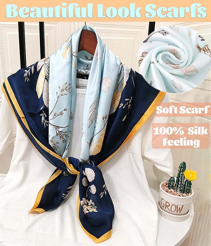 kcctoo 27.5" Mulberry Silk Feeling Head Scarf Women's Fashion Square Neck Satin Scarfs for Bag Hair Scarves Gift