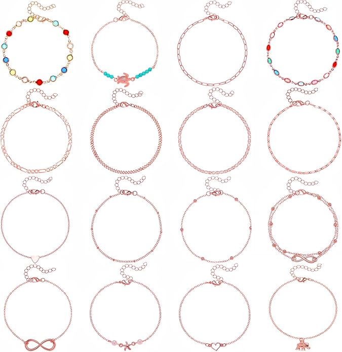Starain 12Pcs Summer Beach Anklets for Women Waterproof Gold Silver Chain Ankle Bracelets Cute Women's Foot Anklet Set 7.9-10.5 inch Adjustable