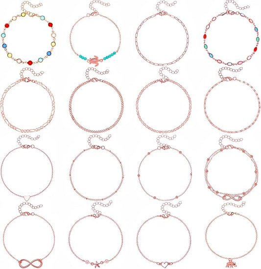 Starain 12Pcs Summer Beach Anklets for Women Waterproof Gold Silver Chain Ankle Bracelets Cute Women's Foot Anklet Set 7.9-10.5 inch Adjustable