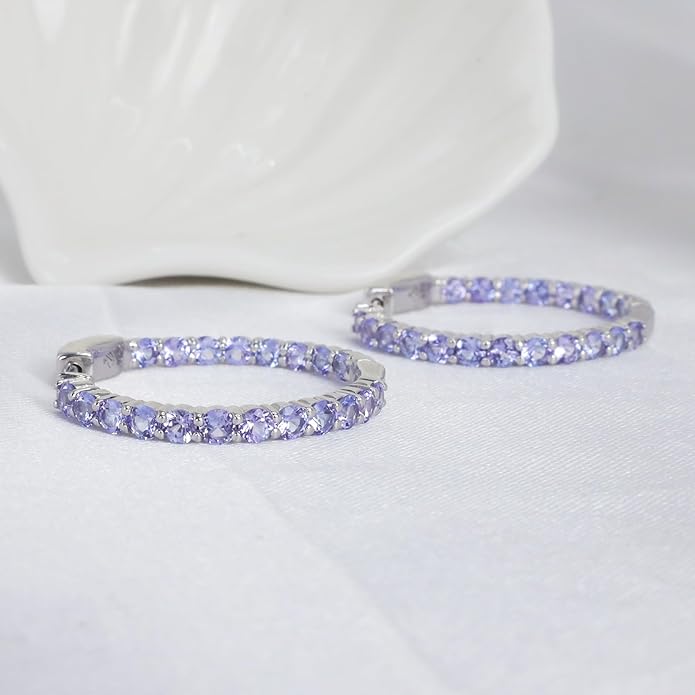 Hoop Earrings with 40 Colored Gemstones, Birthstone Earrings, 925 Sterling Silver Rhodium Plated, Push Back Closure, 1.18'