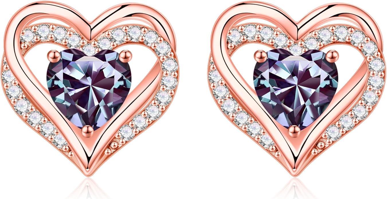 Iefil Birthstone Earrings for Women, 925 Sterling Silver Heart Stud Earrings Birthday Gifts for Women