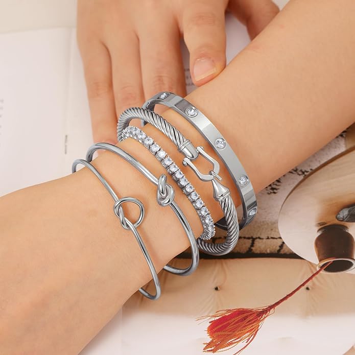 FAFUGA 18 K Gold Plated Love Bangle Bracelet Stack Cuff Jewelry for Women Jewelry Set for Women Gift with Box