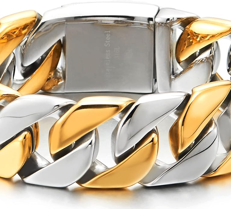 COOLSTEELANDBEYOND Mens Stainless Steel Large Curb Chain Link Bracelet Solid Curb Chain Wristband Biker Punk Jewelry Masculine Accessory