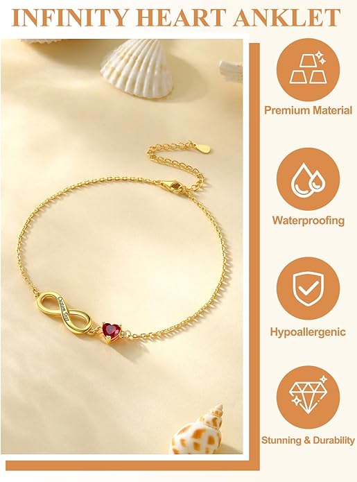Custom4U Personalized Infinity Ankle Bracelets for Women 925 Sterling Silver Anklet Bracelet Endless Love Symbol Birthstone Charm Adjustable Foot Chain Jewelry Mothers Day Gifts for Mom Wife Women Her