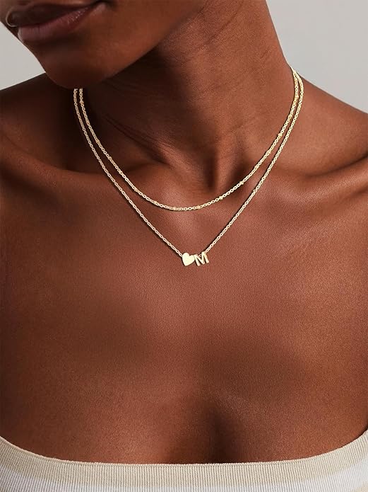 FOCALOOK Layered Initial Necklace for Women, 14K Gold Plated Choker Necklaces Stacks with Initial A-Z, Dainty Silver Heart Pendant Necklace Personalized Birthday Women Jewelry