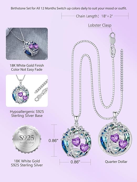 TOUPOP s925 Sterling Silver Family Celtic Tree of Life Pendant Necklaces with 2 Heart Birthstone with Blue Austrian Crystal Jewelry Birthday Anniversary Christmas Gifts for Her Wife Girlfriend Mom (18K Real White Gold Filled)