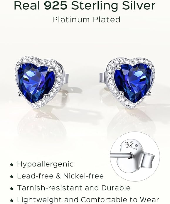 ChicSilver 925 Sterling Silver Birthstone Earrings for Women, 8MM/2 Carat Heart & Round Cubic Zirconia Stud Earrings, Hypoallergenic Jewelry, Ideal Birthday or Christmas Gifts