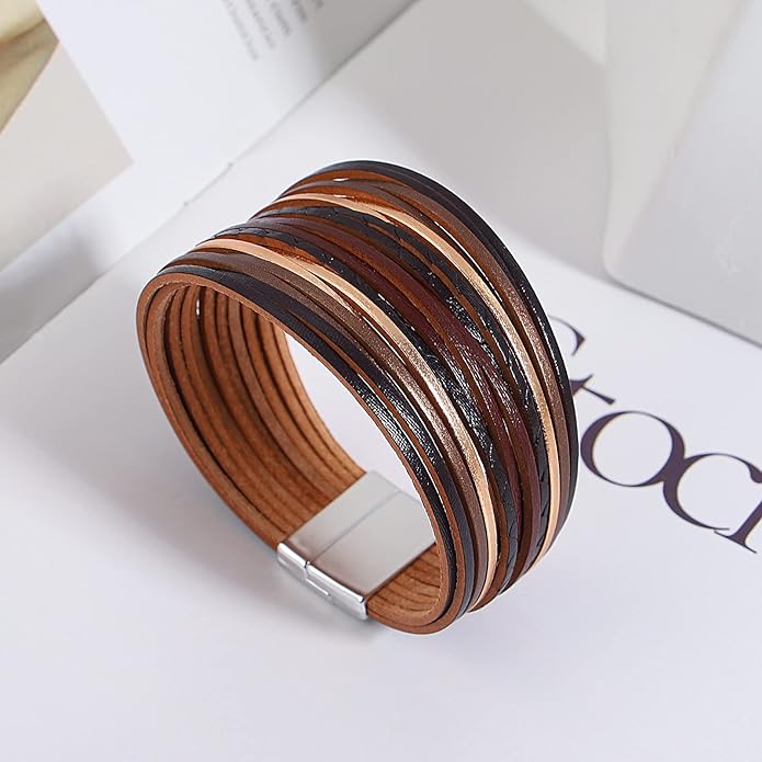 hotoo Handmade Layered Leather Bracelets Wrap for Women Stackable Chunky Colored Men Cuff Bracelet Wristband Bangle Gifts