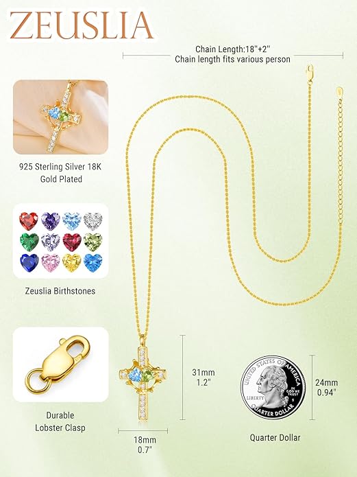 Zeuslia Double Birthstone Necklace Gifts for Wife - 925 Sterling Silver Sunflower/Rose/Crown Cross/Compass/Heart Pendant I Love You Necklace, Anniversary Birthday Gifts for Wife Girlfriend Mom Her