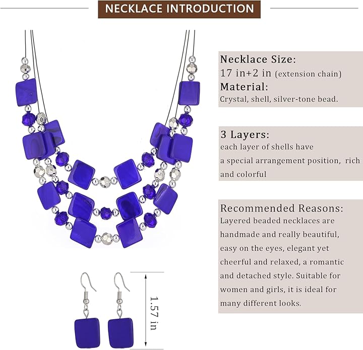 Layered Beaded Statement Necklaces for Women Square Shell Bead Collar Necklace and Earring Set Birthday Gifts Boho Jewelry Sets for Women