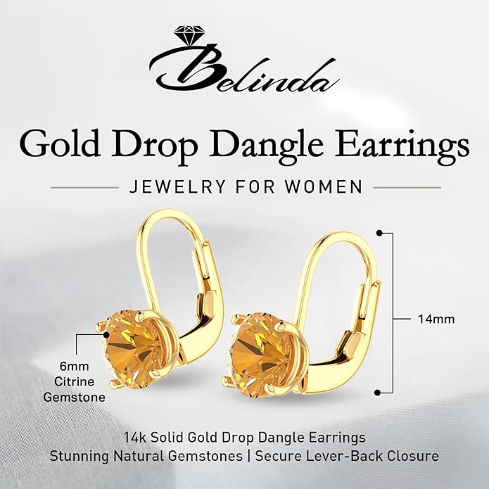Women’s 14k Solid Gold Drop Dangle Earrings Lever Back Design with Natural Birthstone Gemstones Hypoallergenic Jewelry Collection Ideal Gifts for Wedding Anniversary