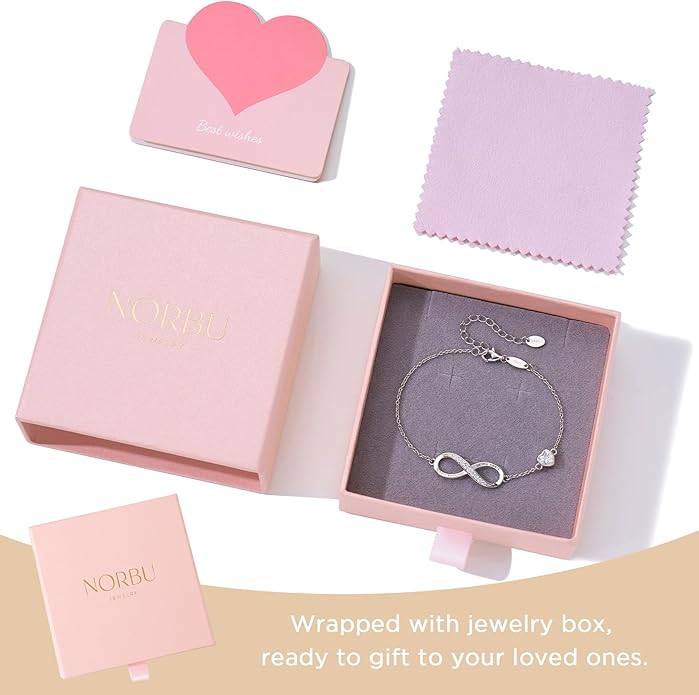 NORBU S925 Infinity Bracelets for Women, Sterling Silver Womens Infinity Heart Birthstone Link Charm Bracelet, Jewelry Gifts for Her Christmas Birthday Valentine Mother's Day