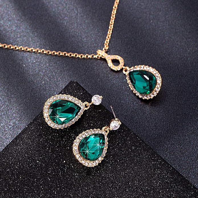 Austrian Crystals Teardrop Pendant Necklace Earrings for Women 14K Gold Plated Hypoallergenic Jewelry Set