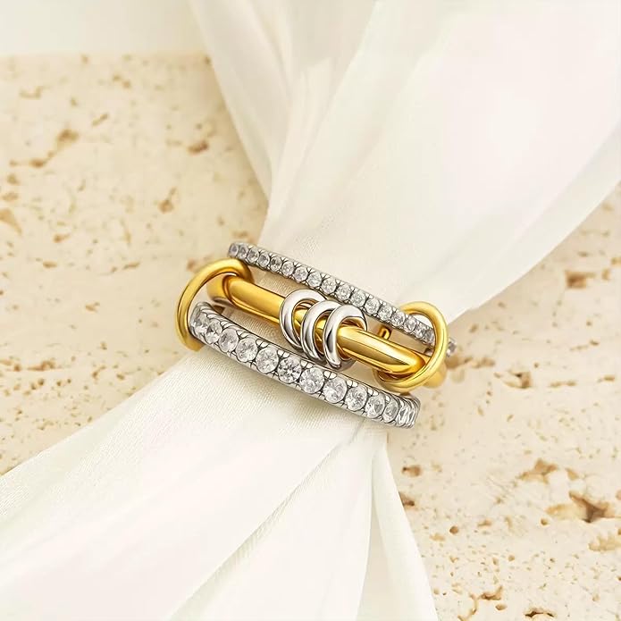 SUYACS 14K Gold Plated Interlocked Stackable Rings for Women Non Tarnish 925 Sterling Silver Mixed Metals Multi Statement Stack Ring Two Tone Connected Bands CZ Thumb Ring Jewelry Gifts