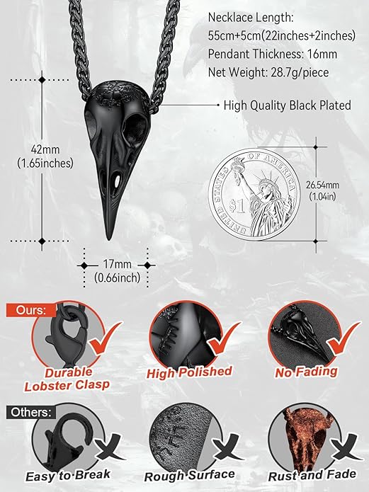 FaithHeart Viking Raven Necklace for Men, Norse Mythology Raven Skull Pendant Sturdy Stainless Steel Amulet Jewelry Gift for Men